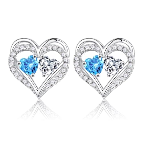 Heart Earrings for Women - Birthstone Earrings | 925 Sterling Silver, Stud Earrings, Gift Box Packaging, Anniversary Birthday Gifts for Women Wife Girlfriend Mom - color: 03-04-Mar-Apr Birthstone