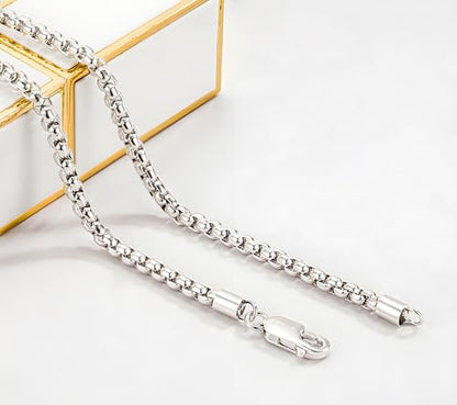 Solid 925 Sterling Silver 3mm Round Box Chain Necklace | Italian Style Box Cable Chain with Lobster Clasp, 16" to 30" Length for Men & Women - size: 26"