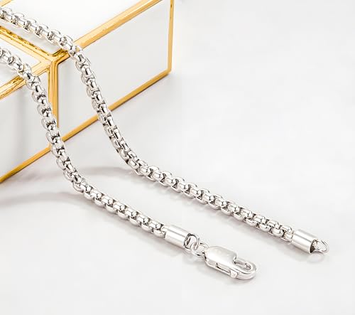 Solid 925 Sterling Silver 3mm Round Box Chain Necklace | Italian Style Box Cable Chain with Lobster Clasp, 16" to 30" Length for Men & Women - size: 28"