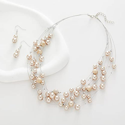 FULU AUTUMN Layered Pearl Necklace Multi-strand Pearl Choker Necklaces for Women Beaded jewelry for Wedding Parties - color: 37-Champagne