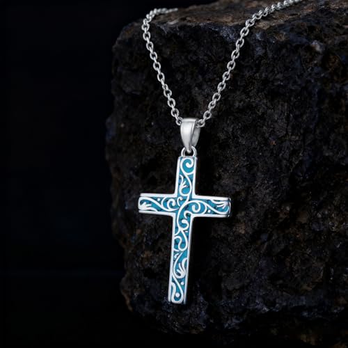 Cross Necklace for Men Women 925 Sterling Silver Cross Pendant Necklace Christian Religious Jewelry Gifts for Anniversary - color: 17-Turquoise Cross