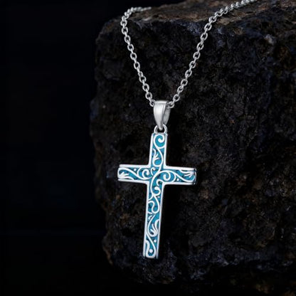 Cross Necklace for Men Women 925 Sterling Silver Cross Pendant Necklace Christian Religious Jewelry Gifts for Anniversary - color: 17-Turquoise Cross