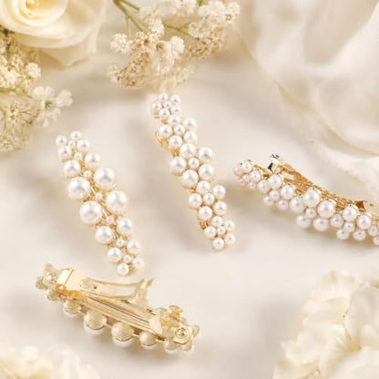 4PCS Pearl French Barrettes for Wedding, Bridal Prom | Elegant pearl hair clips| dainty accessory for women & girls |secure grip, all-day hold| ideal for birthday