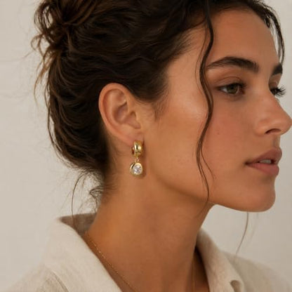 Gold Dangle Earrings for Women, 14K Gold Plated Chunky Hoop Earrings with Charms Cubic Zirconia Drop Earrings Statement Jewelry for Women - color: Gold A