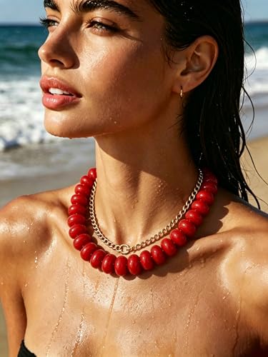 CSIYANJRY99 Chunky Beaded Necklace for Women, Large Colorful Resin Beads Statement Necklace, Boho Summer Beach Vacation Jewelry Gifts - color: Red