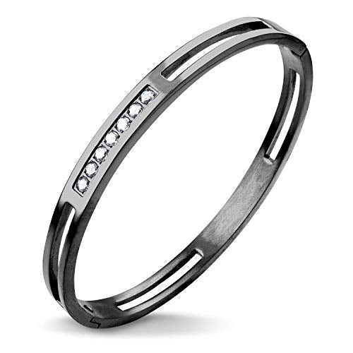 555Jewelry Womens Stainless Steel Fashion CZ Studded Cuff Bangle Bracelet - color: Black - Grooved