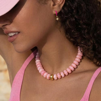 Beaded necklace for Women Boho Bead Gemstone Chunky Necklace Big Bead Necklace Fashion Trendy Summer Necklaces Jewelry Gifts - color: Pink&GD Beaded