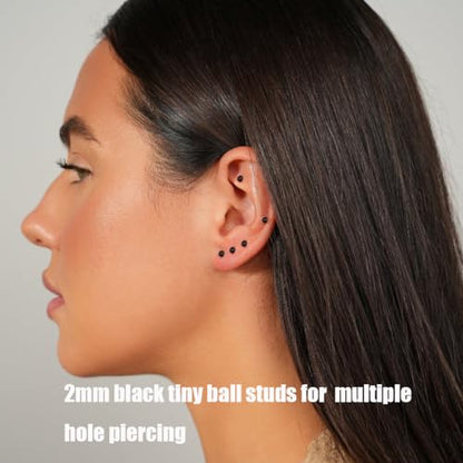 6Pairs 2mm/3mm Surgical Steel Hypoallergenic Piercing Studs, 20G 14K Real Gold Filled Tiny Stud Earrings Set for Multiple Hole Piercing (Cubic Zirconia, Pearl, Ball) - style: N : 2MM Black Ball & CZ, 6 Piars