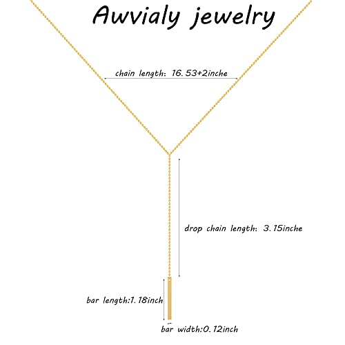 Dainty Gold Necklace for Women, Cute Long Necklace 14K Gold Plated CZ Lips Bead Y Shaped Lariat Necklace Simple Gold Choker Necklace Aesthetic Drop Necklace Trendy Gold Jewelry for Women - color: Gold-Bar Lariat Necklace