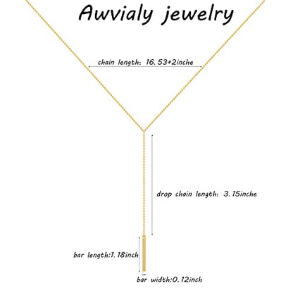 Dainty Gold Necklace for Women, Cute Long Necklace 14K Gold Plated CZ Lips Bead Y Shaped Lariat Necklace Simple Gold Choker Necklace Aesthetic Drop Necklace Trendy Gold Jewelry for Women - color: Gold-Bar Lariat Necklace