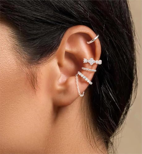 14K Gold Plated Ear Cuff Earrings for Women, Dainty Ear Cuffs Non Piercing Clip on Earrings Trendy Non pierced Cubic Zirconia Fake Hoop Earring Jewelry Sets for Women - color: Silver-6