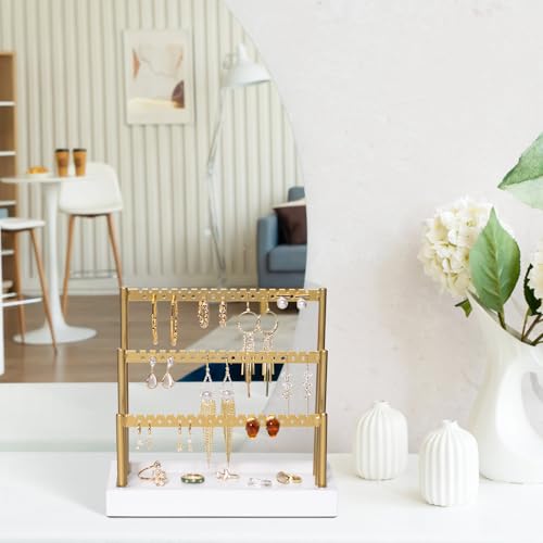SANY DAYO HOME 3-Tier Earring Holder Organizer Stand, 105 Holes Gold Metal Earring Rack Jewelry Display Tree with White Wood Tray for Women and Girls - color: Gold Rack White Base