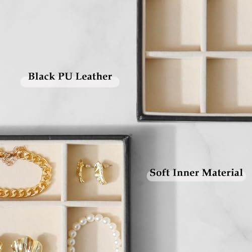 Large Jewelry Organizer Tray, Stackable Jewelry Storage Holder PU Leather Velvet Jewellery Display Case for Stud Earring Bracelet Necklace Ring (Black Beige, 24 Grids) - color: Black Beige