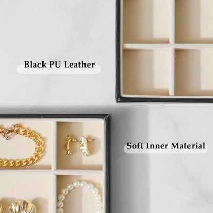 Large Jewelry Organizer Tray, Stackable Jewelry Storage Holder PU Leather Velvet Jewellery Display Case for Stud Earring Bracelet Necklace Ring (Black Beige, 24 Grids) - color: Black Beige