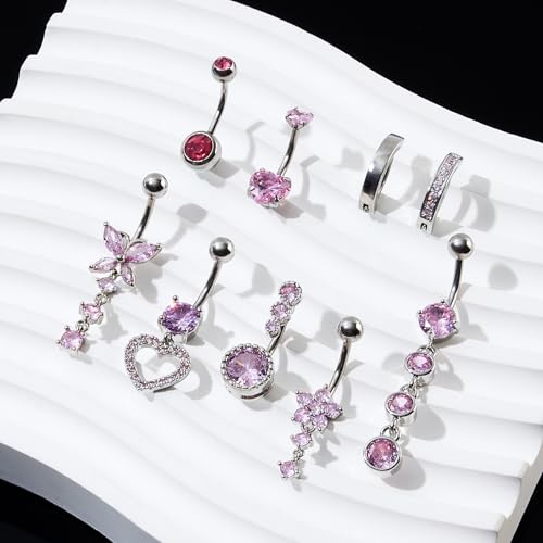 9PCS Belly Button Ring Dangle Stainless Steel Belly Rings 14G 1.6MM Belly Piercing Cute Navel Ring Piercing Jewelry Belly Ring for Women - color: 9PC Pink Set