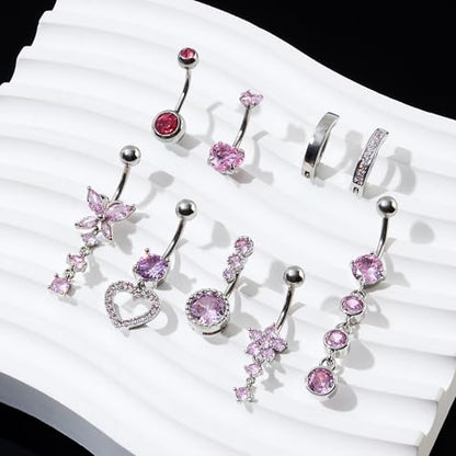 9PCS Belly Button Ring Dangle Stainless Steel Belly Rings 14G 1.6MM Belly Piercing Cute Navel Ring Piercing Jewelry Belly Ring for Women - color: 9PC Pink Set