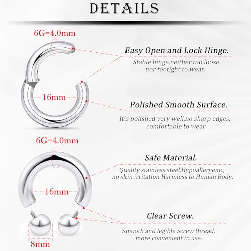 18G-2G Septum Rings 316L Surgical Steel Horseshoe Gauges Earrings Septum Nose Ring Silver Cartilage Helix Tragus Daith Rook Earring Hoop Lip Piercing Jewelry for Women Men - style: 6G(4.0mm)-Dia:16mm