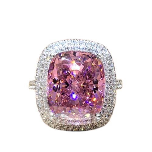 18K Gold Plated Princess Cut Pink Crystal Silver Ring with AAA White Cubic Zirconia Full Diamond Ring CZ Eternity Engagement Wedding Band Ring for Women Size 6-10 - color: 9