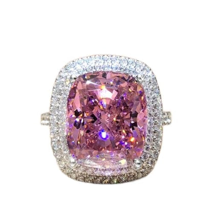 18K Gold Plated Princess Cut Pink Crystal Silver Ring with AAA White Cubic Zirconia Full Diamond Ring CZ Eternity Engagement Wedding Band Ring for Women Size 6-10 - color: 9