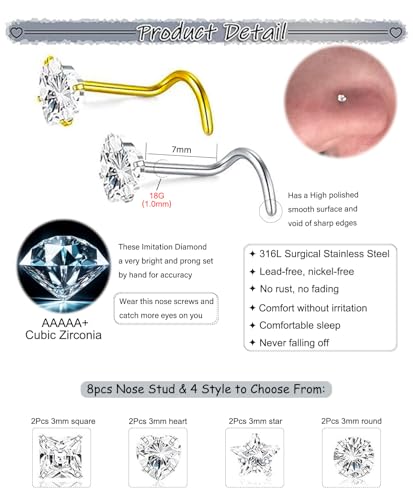 8Pcs Nose Rings Studs Set for Women Men: Hypoallergenic G23 Titanium/316L Surgical Stainless Steel Nose Studs, Nickel-free Lead-free L Shaped Corkscrew Nose Piercing Jewelry CZ 1.5mm 2mm 2.5mm 3mm - style: 8pcs 18G Gold/Silver-Multi Shape - Stainless Stee