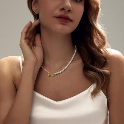 Zeffy Pearl Necklace 4MM/6MM/8MM Dainty Round Imitation Pearl Choker Necklace Wedding Pearl Necklace Delicate Jewelry for Women Simple Bridesmaid Jewelry Gifts - style: 6mm Gold Pearl Paperclip Necklace(17")
