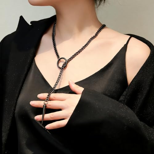 Slip Chain Choker for Women Handmade Black Stainless Steel Cuban Chain Chunky Moon Bat Raven Skull Pendant Gothic Punk Rock Collar Adjustable Lariat Y Necklace for Men - style: Black Spike