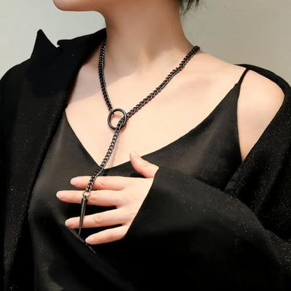 Slip Chain Choker for Women Handmade Black Stainless Steel Cuban Chain Chunky Moon Bat Raven Skull Pendant Gothic Punk Rock Collar Adjustable Lariat Y Necklace for Men - style: Black Spike