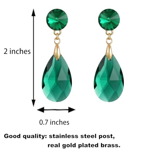 Round and Teardrop Crystal Stud Dangle Earrings Hypoallergenic Gold Plated Birthstone Drop Earrings Trendy Evening Prom Pageant Jewelry Gift for Women - color: emerald green
