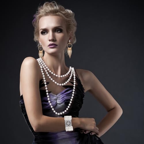 1920s Pearl Jewelry Set - Long Pearl Necklace, Earring Set, Multilayer Bracelet - Flapper Accessories for Women - color: Charming
