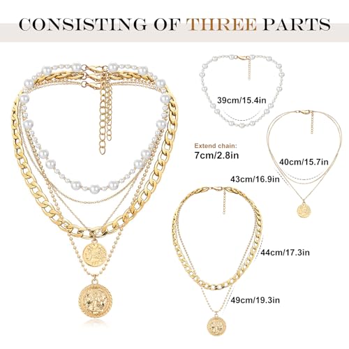 MJartoria Layered Necklaces for Women Trendy Retro Coin Pendant | Dainty Chunky Chain, Choker Necklaces, Jewelry Birthday Gifts - color: Golden, style: Pearl-3PCS