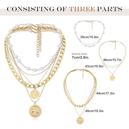MJartoria Layered Necklaces for Women Trendy Retro Coin Pendant | Dainty Chunky Chain, Choker Necklaces, Jewelry Birthday Gifts - color: Golden, style: Pearl-3PCS