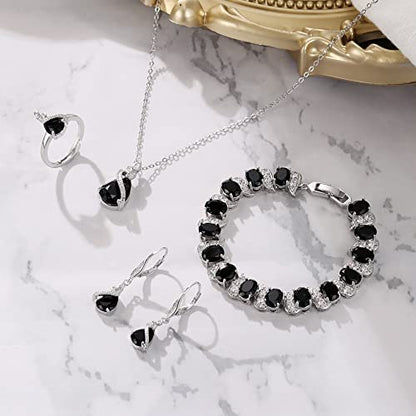 Jewelry Set for Bride, Sparkling Water Drop Cubic Zirconia Crystal Pendant Necklace Leverback Earrings Tennis Bracelet Adjustable Ring Gift for Wedding/Birthday/Mother's Day/Christmas - color: 06-Black Sliver-Tone