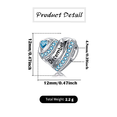 COMORE Birthstone Heart Charms for Charms Bracelet-925 Sterling Silver Love Heart Bead Charms for Bracelets and Necklaces, Birthday Gifts for Women. - style: December