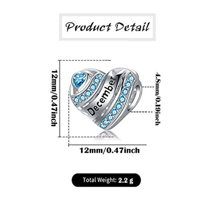 COMORE Birthstone Heart Charms for Charms Bracelet-925 Sterling Silver Love Heart Bead Charms for Bracelets and Necklaces, Birthday Gifts for Women. - style: December