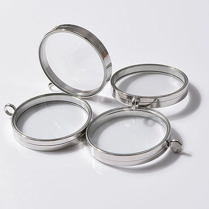 WANDIC Silver Photo Charms, 4 Pcs Screw Thread Round Memory Locket Pendants, Bridal Wedding Bouquet Frame for Bouquet Decoration, Key Chain, Necklace Making, 35mm - size: 35mm