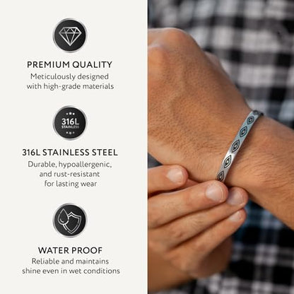 Cuff Bracelet for Men Premium Stainless Steel Mens Bangle Bracelets Silver Cuff Bracelet Waterproof & Non-Tarnish Minimal Western Bracelet - color: Evil Eye, size: Medium