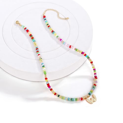 YOUFENG Initial Letter Necklaces for Women Colorful Beaded Gemstone Choker 14K Gold Plated Bubble Letter Pendant Necklace Natural Stone Handmade Jewelry Gift - color: W
