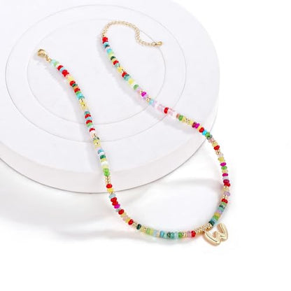 YOUFENG Initial Letter Necklaces for Women Colorful Beaded Gemstone Choker 14K Gold Plated Bubble Letter Pendant Necklace Natural Stone Handmade Jewelry Gift - color: W