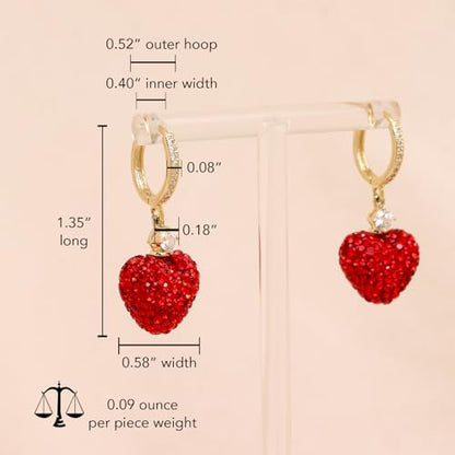 Sonateomber Gold Silver Small Hoop Dangle Earrings for Women, Trendy Dainty Rhinestone CZ Dangling Prom Wedding Leaf Flower Snowflake Butterfly Starfish Fashion Jewelry Gift - color: Red Heart