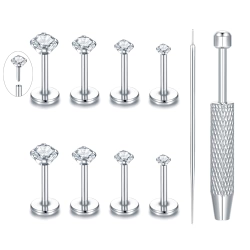 Oveta Threadless Push in Lip Rings 16G/18G/20G Labret Jewelry CZ Lip Studs Stainless Steel Cartilage Earrings for Women Monroe Medusa Piercing Jewelry 6/7/8/10/12mm Bar Length - color: Silver, size: 20G*6/8/10/12mm bar