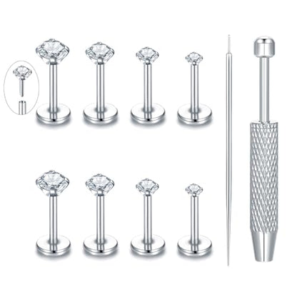 Oveta Threadless Push in Lip Rings 16G/18G/20G Labret Jewelry CZ Lip Studs Stainless Steel Cartilage Earrings for Women Monroe Medusa Piercing Jewelry 6/7/8/10/12mm Bar Length - color: Silver, size: 20G*6/8/10/12mm bar