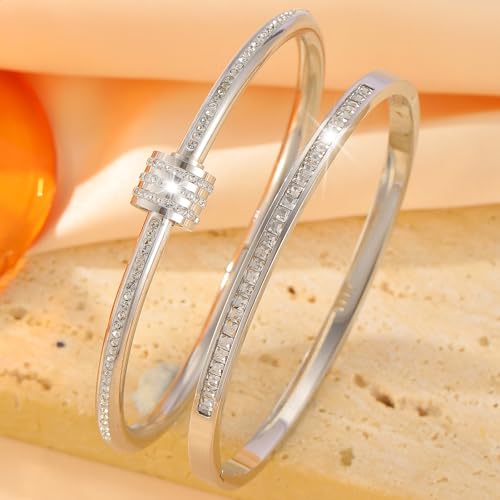 Camhanno Gold Bangles for Women - Stainless Steel Love & Friendship Bracelet Set with Gift Box | Daily Wear & Party Jewelry - color: 2pcs Silver Set Style 2