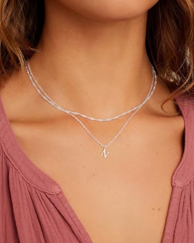 14K Gold Plated Initial Necklaces for Women Dainty Layered Letter Pendant Necklace Cute Choker Necklace Gift Trendy Stuff Personalized Jewelry Stack for Women Her - color: Silver, style: N