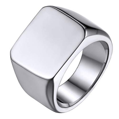 GoldChic Jewelry Personalized Signet Rings Men Women, Stainless Steel Custom Photo Bold Square/Oval Monogram/Old English Initial Pinky Stacking Statement Ring in Black/Silver/Gold (Size 7-14) - color: Steel-Blank - Square
