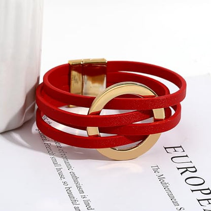 hotoo Circle Charm Bracelets for Women Handmade Leather Wrap Bracelets for Couples Friendship Bracelet Bohemian Cuff Bangle Boho Jewelry Gift - color: New Red