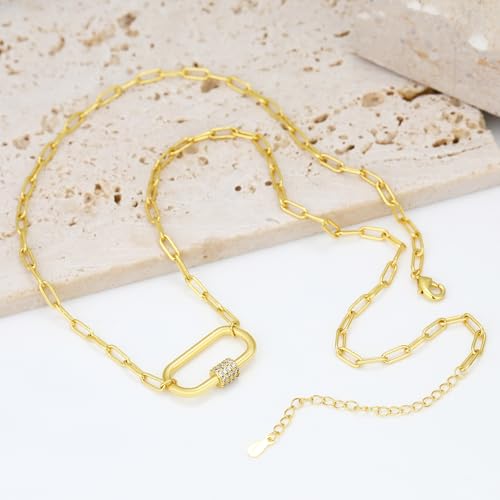 Chunky Gold Necklace for Women, 18K Waterproof Heart Necklace Statement Necklace Gold Charm Necklace Chunky Jewelry Paperclip Chain Choker Gift for Women - style: Oval Lock Carabiner