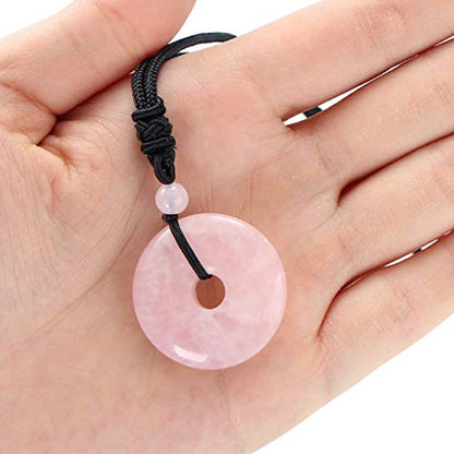 Jovivi 30mm Circle Donut Healing Crystals Necklace Natural Semi-Precious Chakra Gemstone Stone Amulet Lucky Coin Donuts Charm Protection Quartz Reiki Pendant Necklace for Men Women Adjustable Rope - color: Rose Quartz Crystal