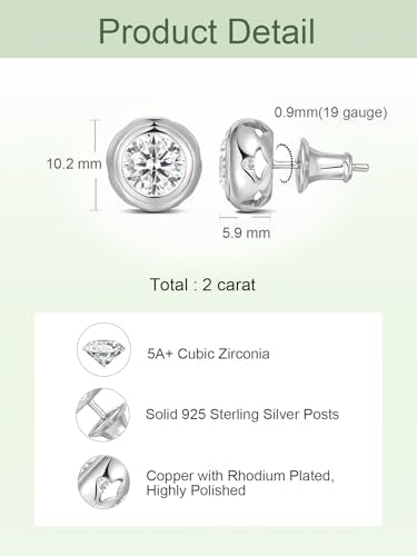 0.6-4 Carat 5A Cubic Zirconia/Simulated Emerald Sparkle Stud Earrings for Women, Hypoallergenic 925 Sterling Silver Posts, Anniversary Birthday Valentines Mothers Day Jewelry Gift - color: White Gold, size: 2.00 Carat (1.00ct * 2)