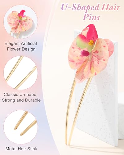 WELROG 3-Pcs Metal Hawaiian Orchid Hair Pins, Non-Slip Stick for Beach Updo | Tropical Flower Vibes,Weddings and Vacations - color: Pink1+Pink2+Orange