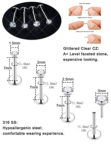 Prjndjw 18G 20G 16G Push in Threadless Nose Rings Stud Earrings Hypoallergenic Flat Back Surgical Stainless Steel Cubic Zircon Helix/Cartilage/Tragus/Lobe Earrings Lip Labret Snake Bite Jewelry - color: 18G Straight Threadless Push In Nose Rings